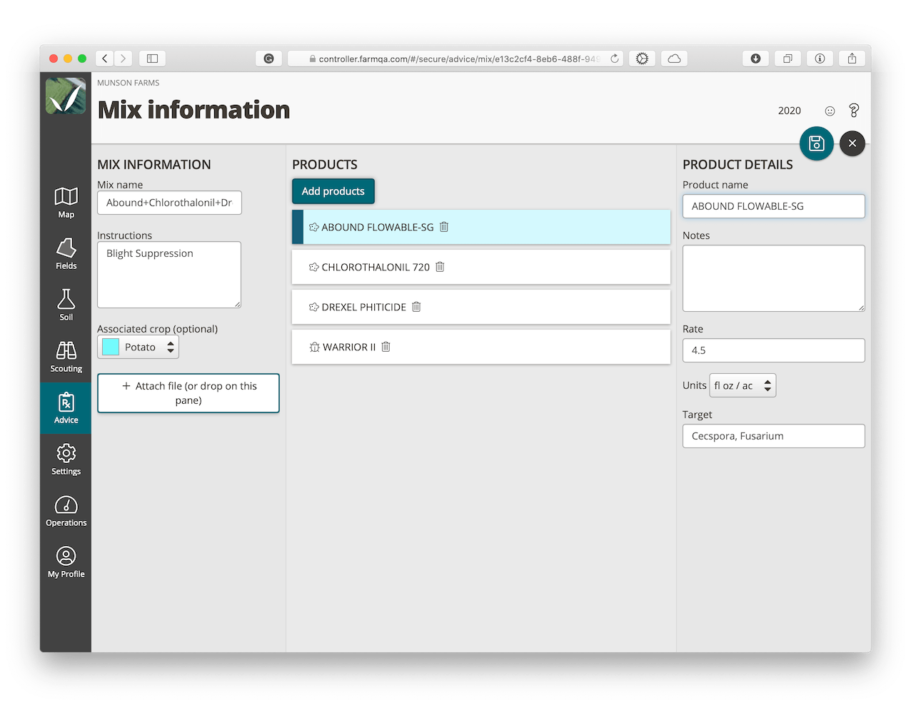 Screenshot of the mix definition page in FarmQA