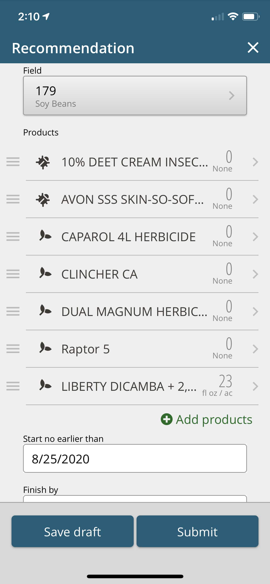 Screenshot from FarmQA Scouting of the Recommendation entry tool