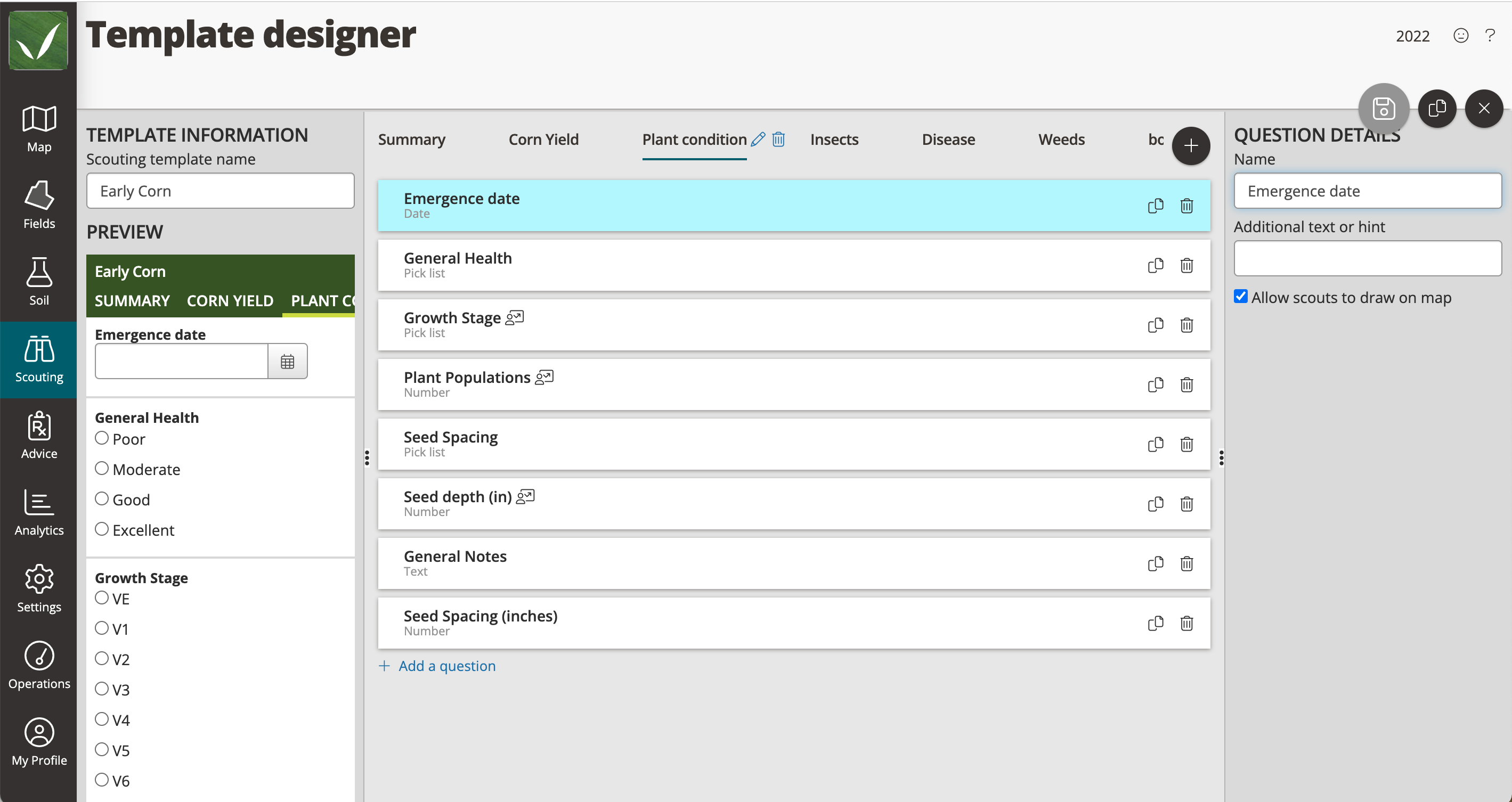A screenshot of the template designer A screenshot of the FarmQA template designer